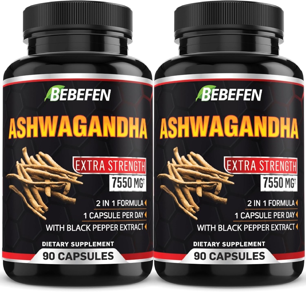 BEBEFEN Ashwagandha Kapsler - 7550mg Formel piller med svart pepper ekstrakt - 90 kapsler Ashwagandha Supplement for energi støtte - 3 måneders forsyning (pakke med 2)