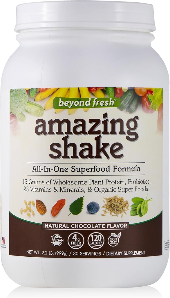 Beyond Fresh Amazing Shake, Superfood Formula, Planteprotein Basert, Lav Netto Carbs, Helfood Protein, Måltid erstatning, Naturlig Sjokolade Flavor, 999 gram, Hvit
