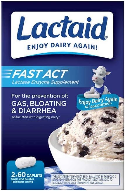 Lactaid Fast Act Laktose Intolerance Caplets, 120 Antall Forebygging av gass Bloating diarré Største bulk størrelse