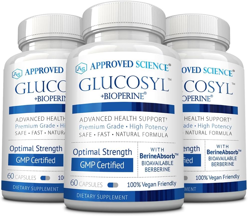 Godkjent vitenskap Glukosyl Supplement - 250 mg Berberine, Mulberry, Aqueous Cinnamon - 60 Vegan Capsules - Pakke med 3