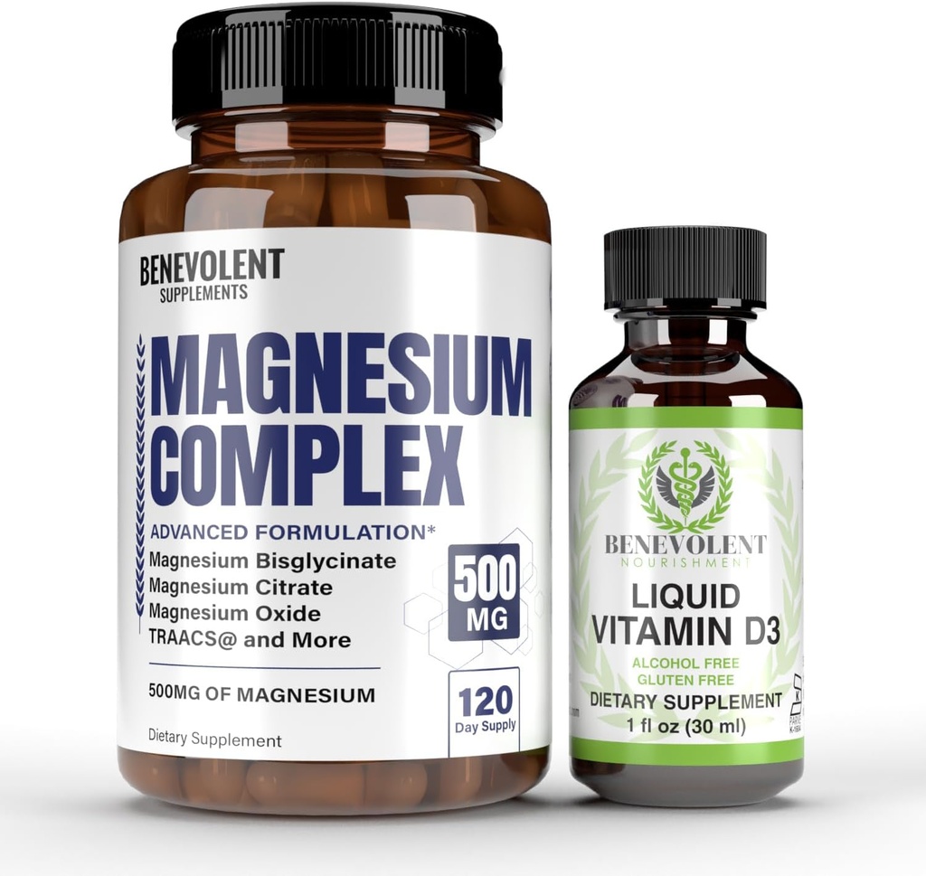 Magnesiumkompleks med 5 beste former og flytende vitamin D3 5000 IU Bundle - 4 måneders forsyning av 500 mg magnesiumglycinat, oksyd, taurat, chelat, magnesiumcitrat - søvn og immunstøtte