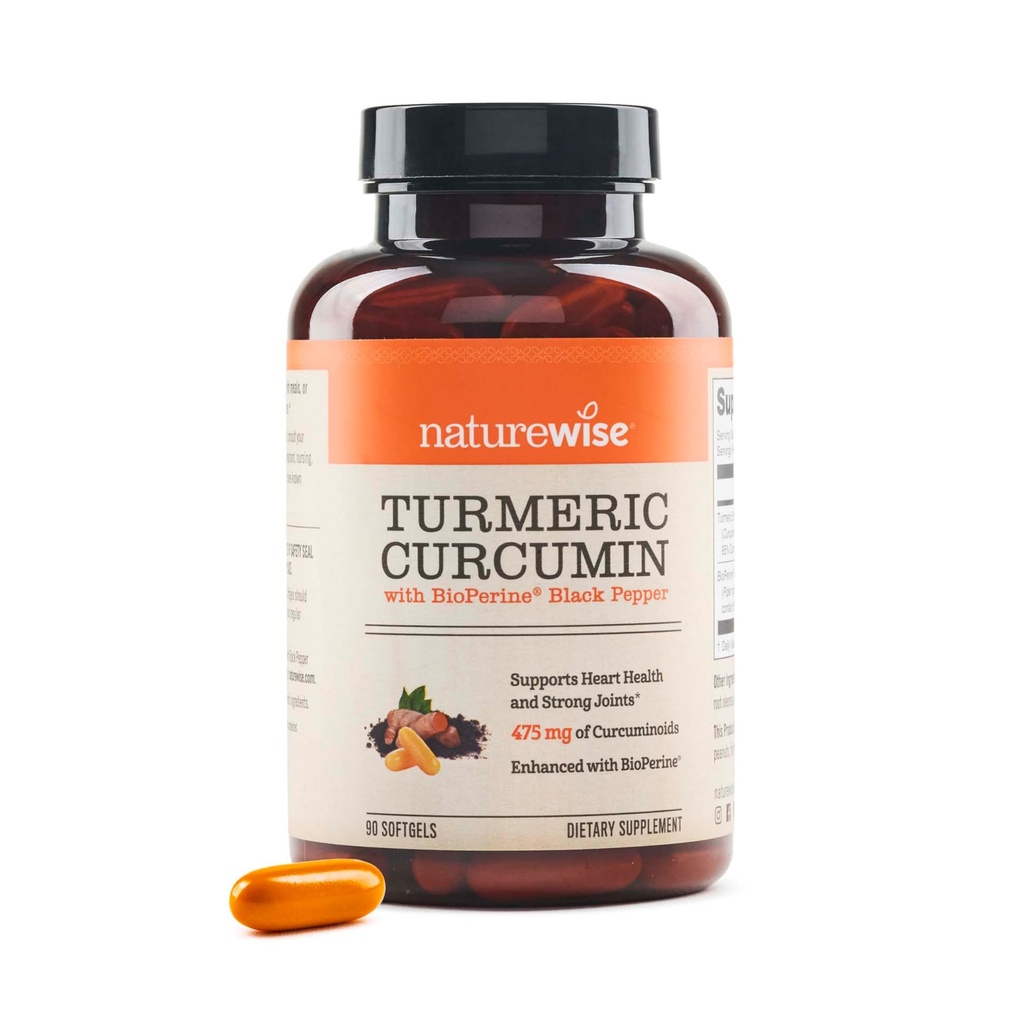 NatureWise Turmeric Curcumin 500mg med Black Pepper Softgels - Extra styrke, forbedret absorpsjon - 95% Curcuminoids & BioPerine for immunstøtte - Glutenfri, ikke-GMO - 90 greve[3-måneders forsyning]