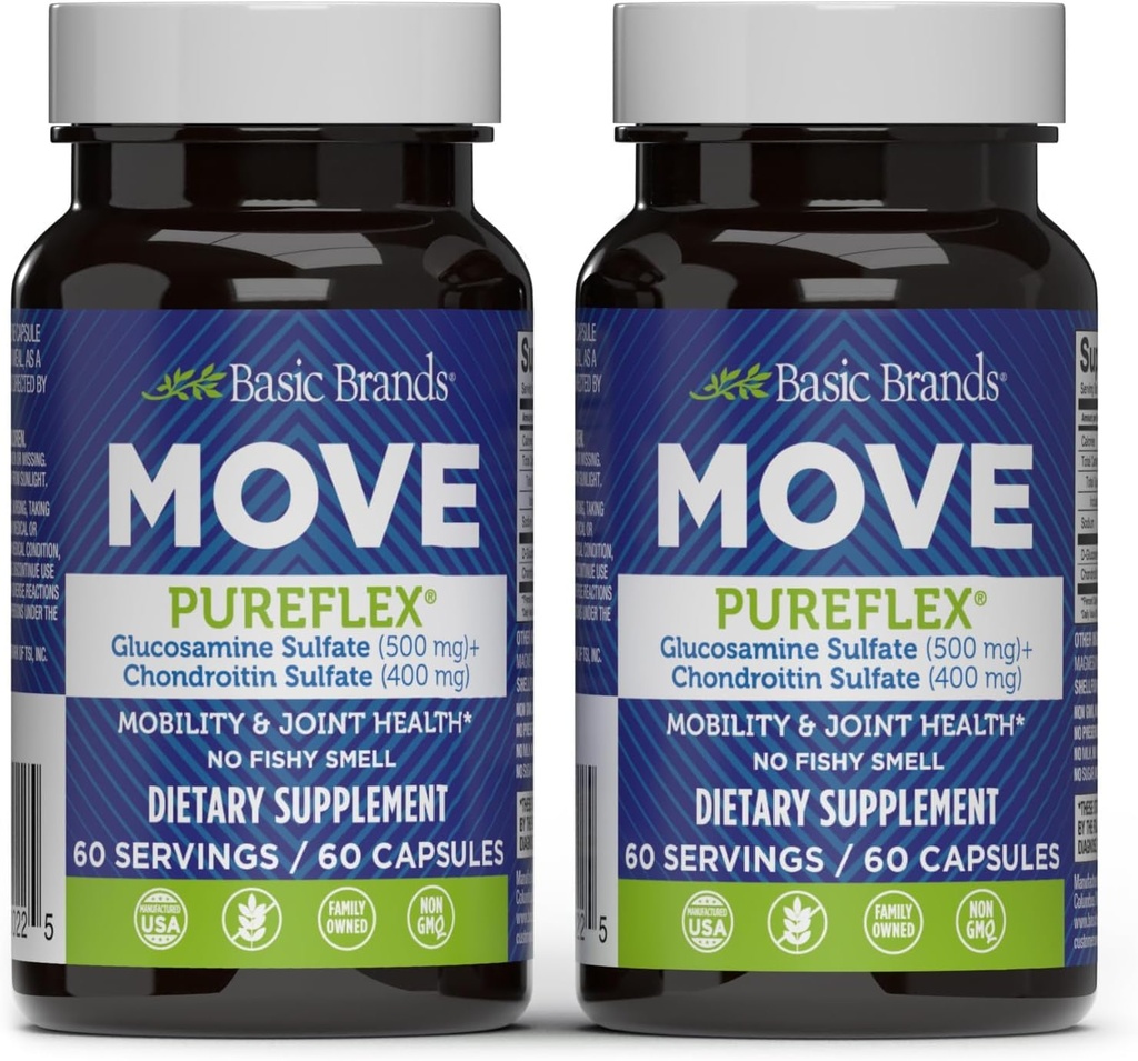 Grunnleggende merker - Move Pureflex Glucosamine Chondroitin - Felles støttetilskudd for fleksibilitet og mobilitet - 60 kapsler - 2-pakker