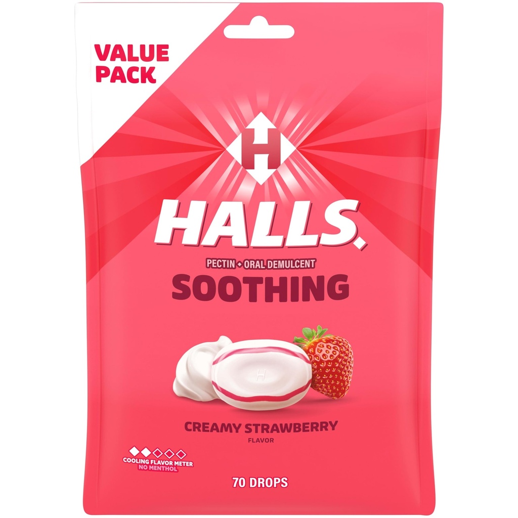 HALLS Throat Soothing (tidligere HALLS Breezers) Cready Strawberry Throat Drops, Økonomipakke, 70 drops