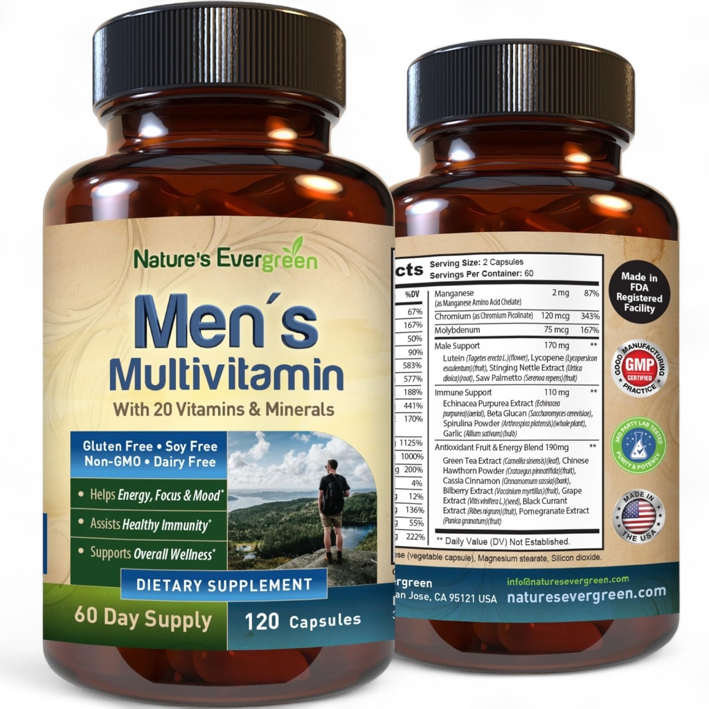 Beste multivitamin for menn | Helt menns multivitaminer og multimineraler med over 20 vitaminer A, C, D, E, B12, Sink & mer essensielle vitaminer for menn | Energi, fokus og immun helse. 120 Kapsler
