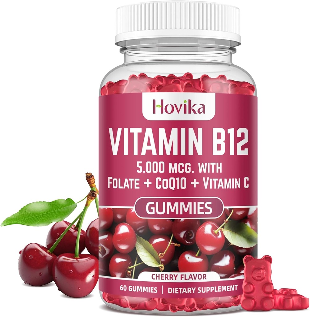 Vitamin B12 kompleks 5000 mikrog Metyl B12, Adenosyl B12 & Hydroxy B12, med koenzym Q10, Folat, vitamin C, Chewable B 12 for energi støtte, metabolisme, bein helse - Cherry Flavor