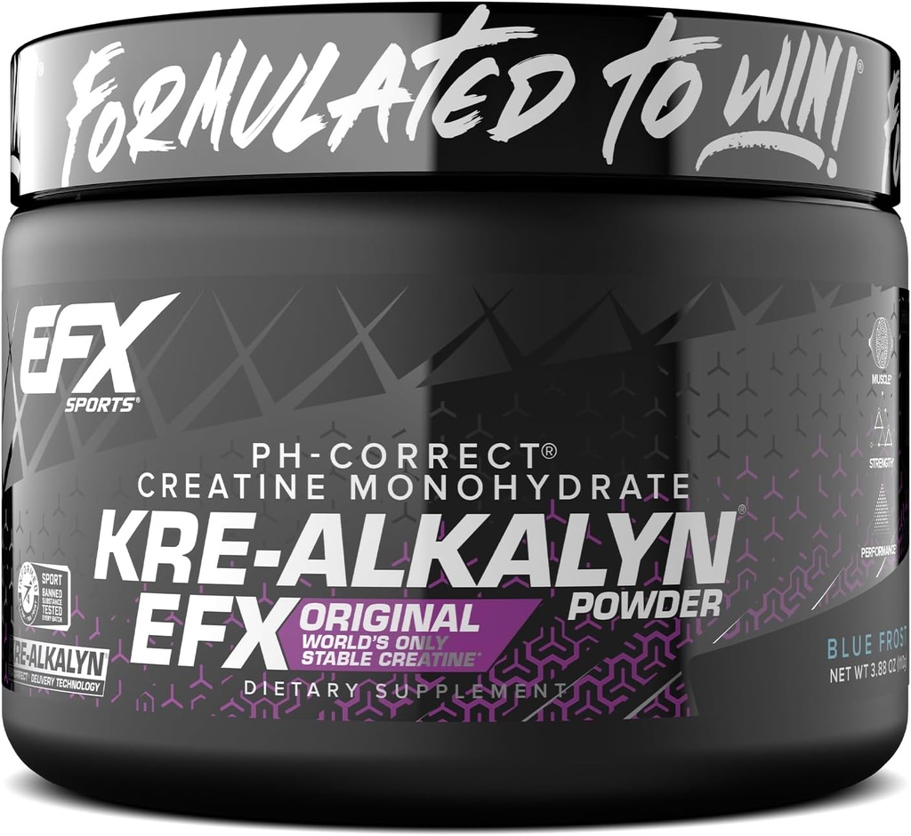 EFX Sports Kre-Alkalyn EFX pulver | pH Korrekt Kreatin Monohydrat pulver Supplement | Styrke, muskelvekst og ytelse | 55 Serveringer (Blue Frost)