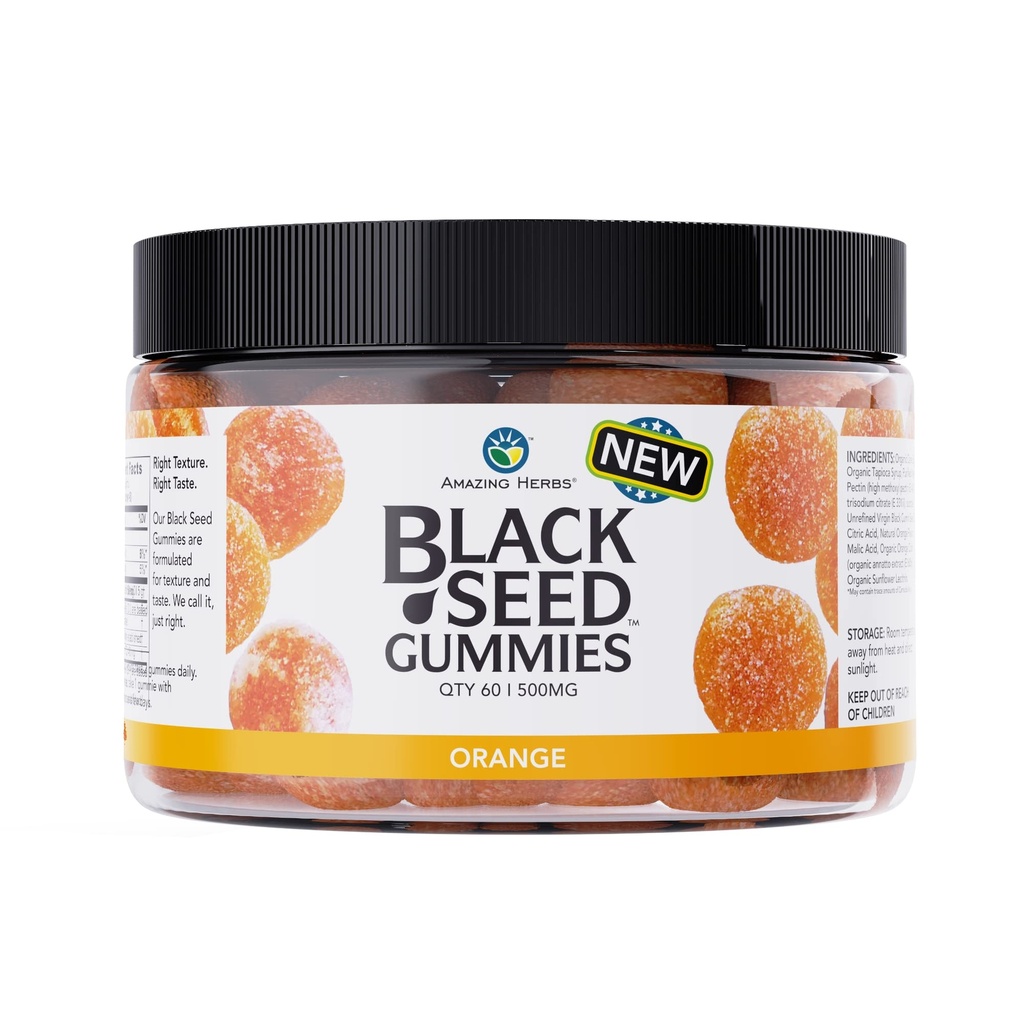Amazing urter økologisk svart frø olje gummier - 500mg per servering, kald presset svart cumin frø, laget med nigella sativa, hjelper øke immunitet, støtter sunn distinsjon - orange flavor 60 greve