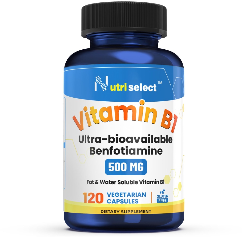 120 kapsler som inneholder 500 mg vitamin B1, ikke-GMO, vegansk, glutenfri, benfotiamin