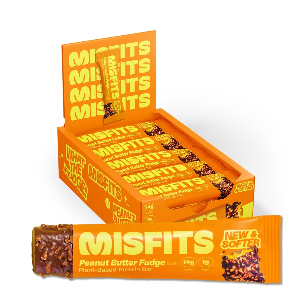 Misfits Vegan Protein Bars, Peanut Smør Fudge - Oppdatert oppskrift ® Plant Basert, Lavt sukker og karbohydrater, Høy Fiber Snacks ® Pakke med 15