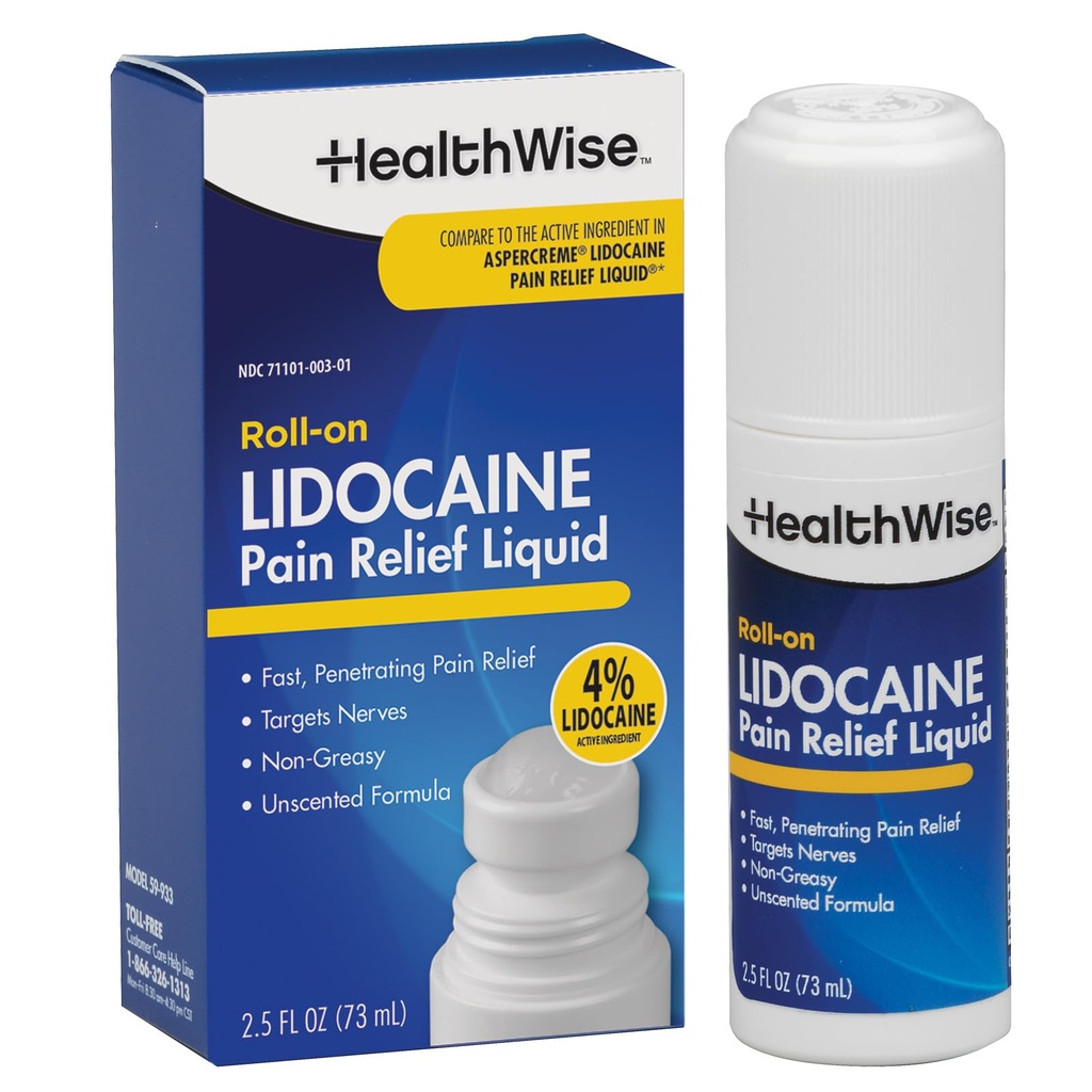 HealthWise 4% Lidocaine Roll-On | OTC Styrke | Smertelindringsvæske | 2,5 oz. 73 ml Ikke-Greasy, Unscented Formula | Topisk Anestetisk