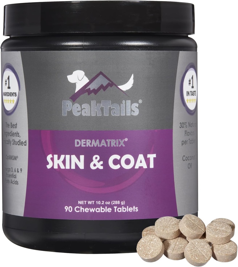 Kala Helse PeakTails Hud & Coat støtte for hunder – 90 Chewable tabletter med MSM, Fish Oil, Omega-3 & Omega-6 – støtter sunn hud, skinnende Coat