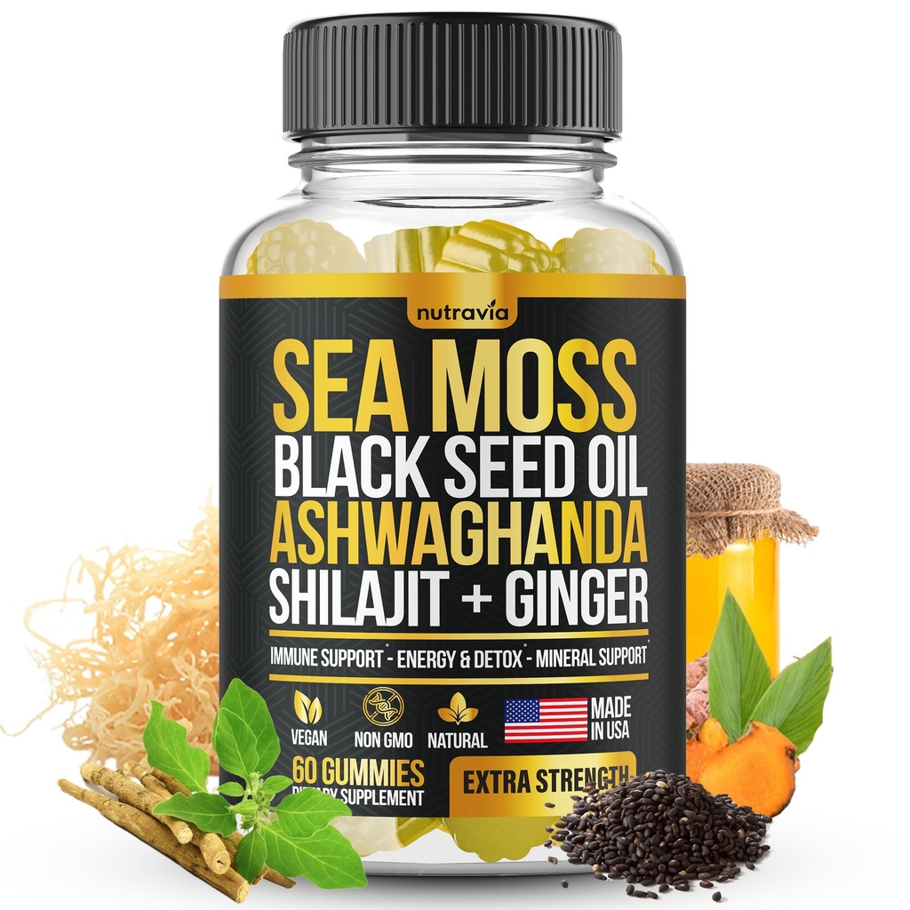 Hav Moss, Svart Seed Olje, Ashwagandha, Ginger, Shilajit Gummies med Elderberry, Klorofyll, Turmeric Bladerwrack Sea Moss Gummies Avansert styrke Formula - Alt i 1 Bundle - USA laget (60 Gummies)