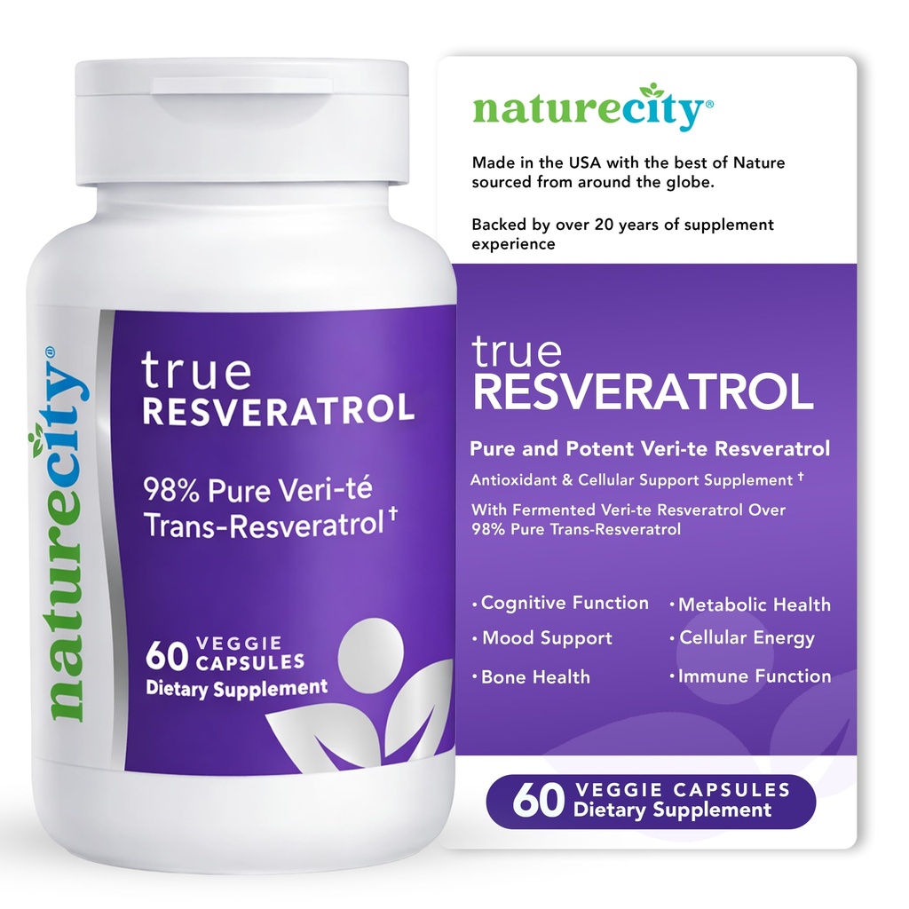 NatureCity TrueResveratrol – Resveratrol Supplement & Anti-Aging støtte med 75 mg Trans-Resveratrol (98% ren Veri-te) for hjerte, immunforsvar, bein og kognitiv helse | 60 Veggie kapsler