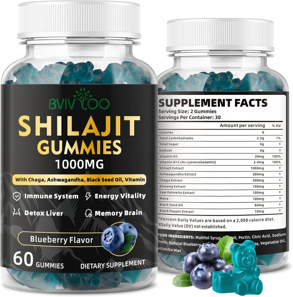 Shilajit Gummies for menn og kvinner - Sukkerfri Shilajit Supplement rik i 85+ Trace Minerals & Fulvic Acid, gi energi, hjerne og immunitetsstøtte - 60 Gummies