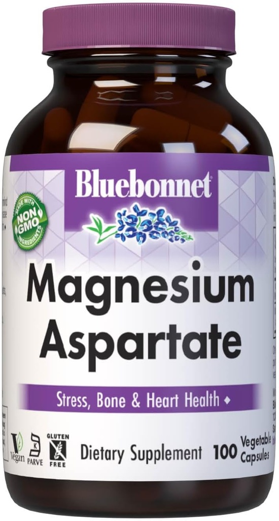Blåbonnet Ernæring Magnesium Aspartat, Stress Relief*, Bein Helse*, Hjernehelse*, Ikke-GMO, Vegan, Kosher-sertifisert, Glutenfri, Soya-fri, Dairy-Free, 100 Grønnsaker Kapsler, 50 Serveringer