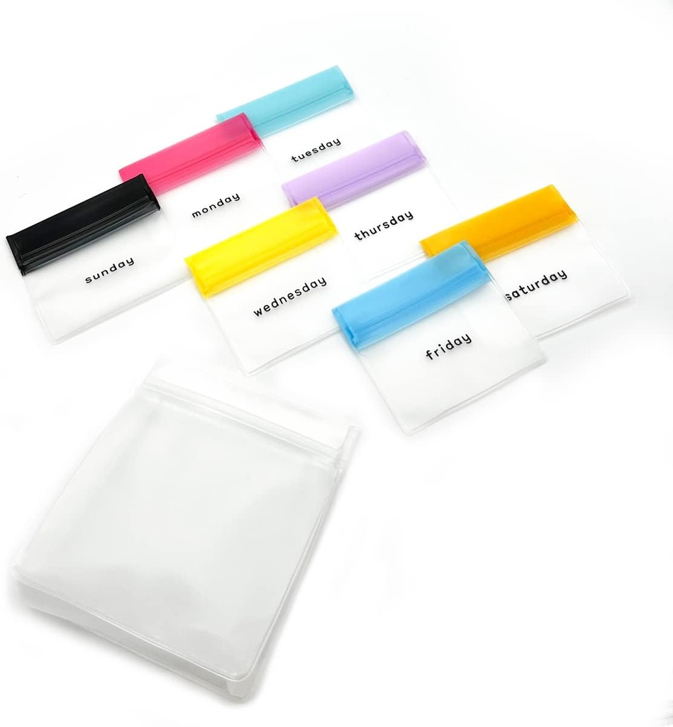 EZY DOSE Reusable 7-dagers Pill Pouch sett, holdbare multi-Purpose Travel-Sized Baggies, inkluderer dager av uken etiketter w/Color for enkel identifikasjon, silikon lagring, klar, BPA gratis, TSA godkjent