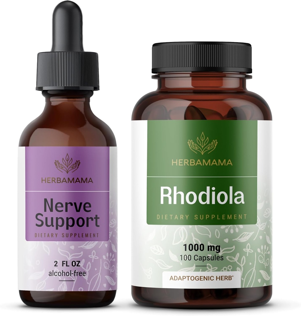 HERBAMAMA Nerve Støtte og Rhodiola Kit - Bundle of Nerve Støtte Flytende kompleks 2 fl oz & Rhodiola Rosea Kapsler - Vegan, ikke-GMO, Sukker & alkohol-fri, 2 Pack