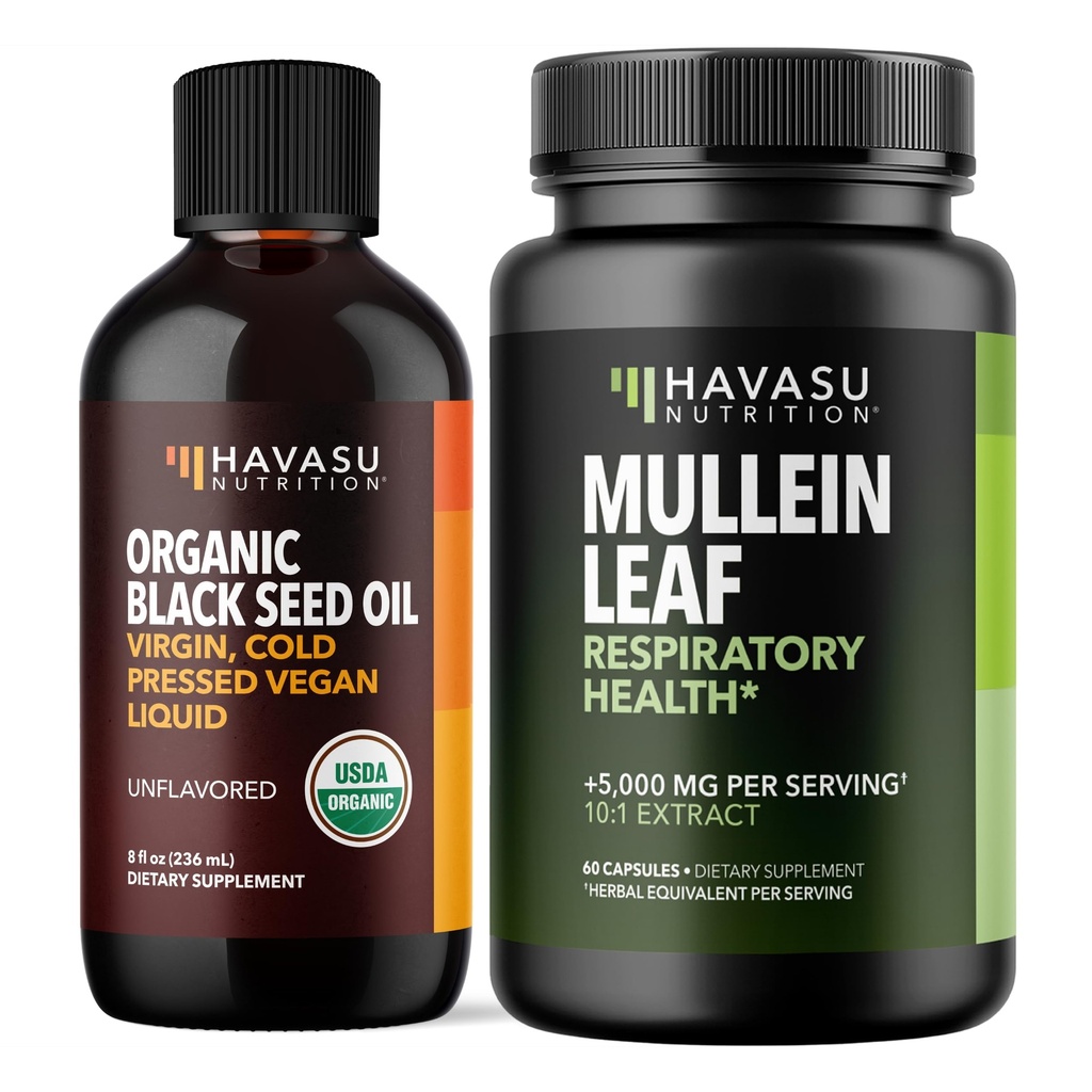 HAVASU NUTRITION Organic Black Seed Oil Liquid + Mullein Leaf Kapsler Bundle