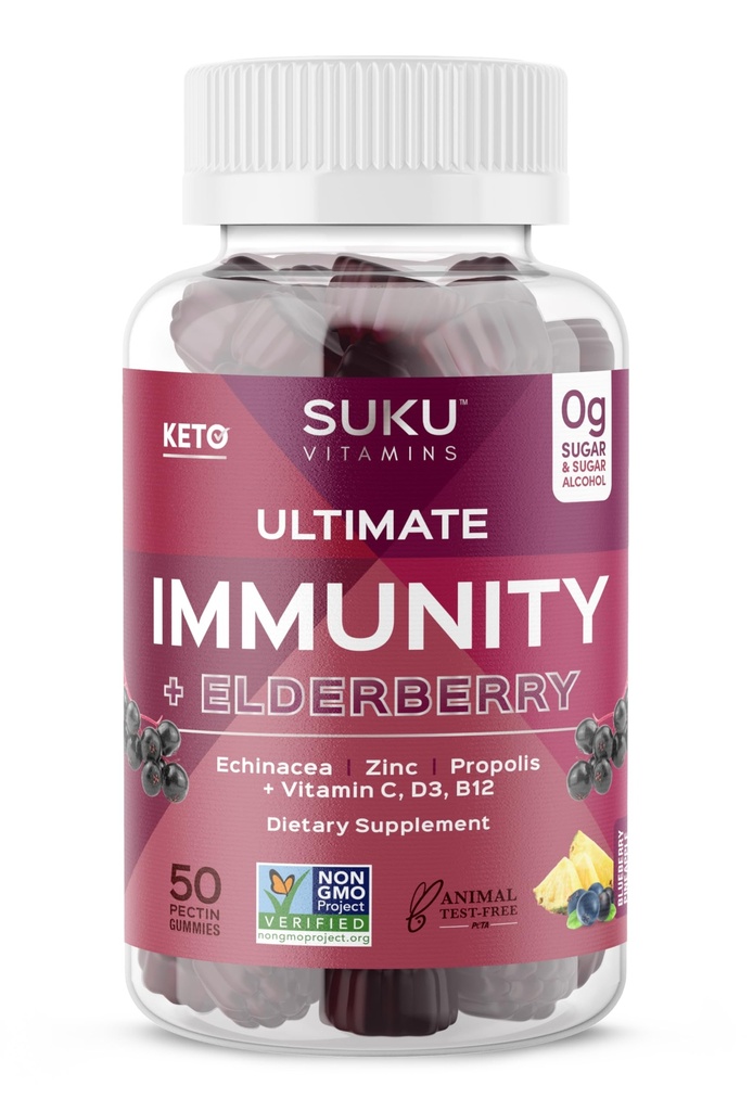 SUKU Vitaminer - Ultimate Immunitet - Elderberry Echinacea og Propolis Gummier for immun støtte, lett å Chew - Ikke GMO, Gluten sukkerfri - Pomegranate Lime Flavored Gummy vitaminer, 50 greve