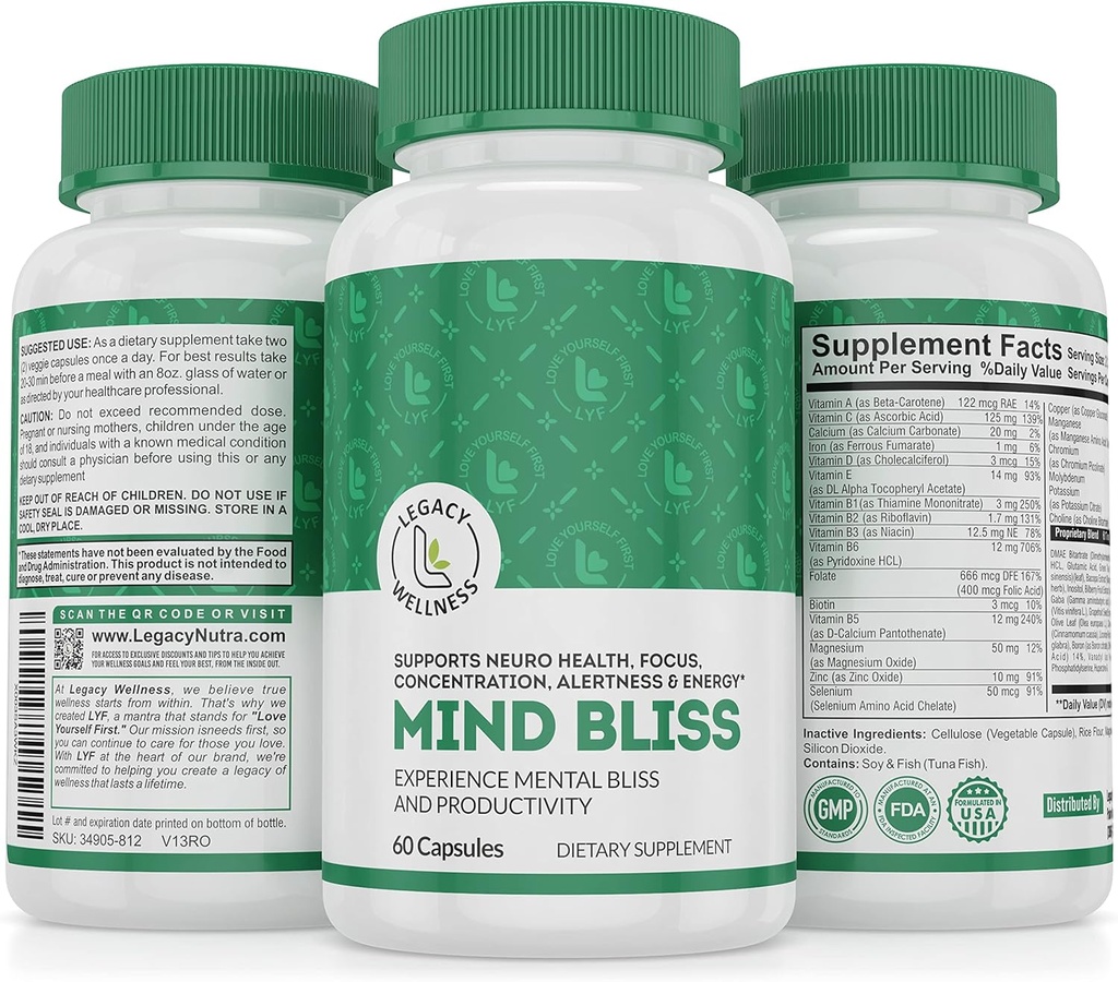 Mind Bliss Brain Supplement: 40-ingredent minne, fokus og klarhet vitaminer, energiøkning og nootropisk støtte med DMAE, 60 piller