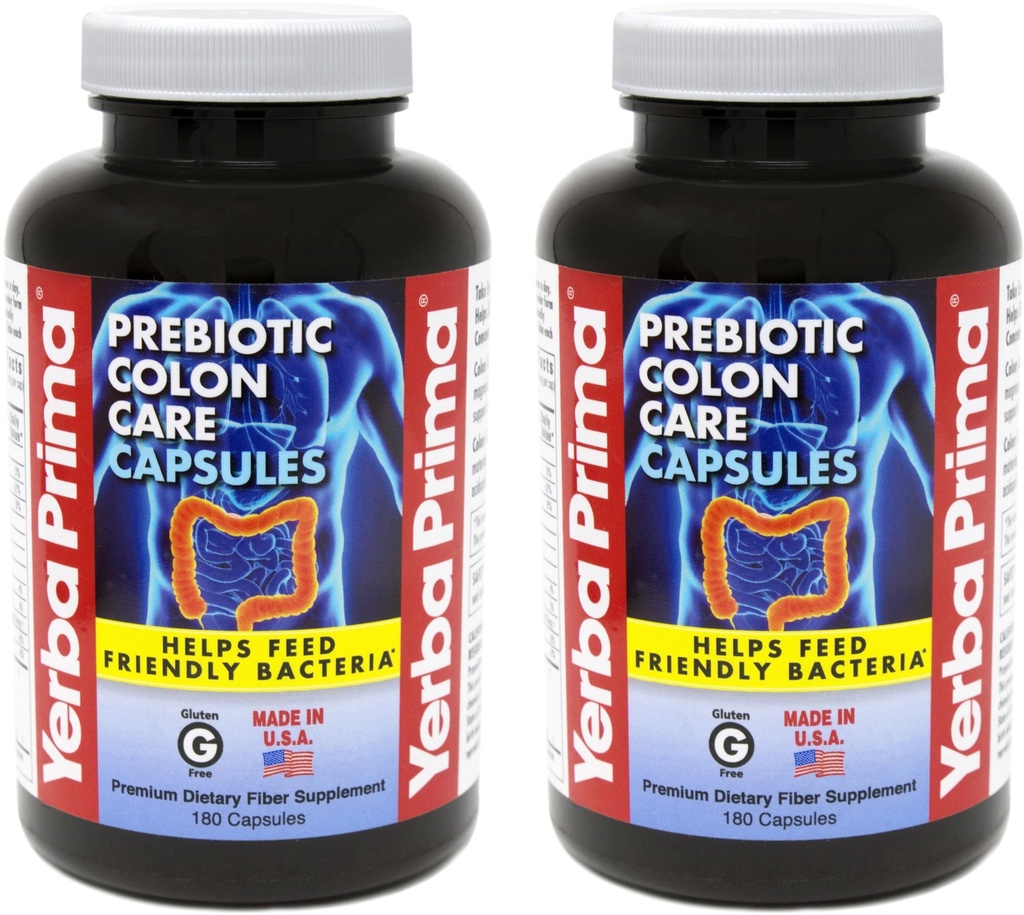 Yerba Prima Prebiotic Colon Care Capsules Dietary Fiber, 180 Count, (Pack of 2) - Fem former for Fiber Plus FOS Prebiotika Supplement - Oppløselig & Uoppløselig for regularitet & Digestiv støtte