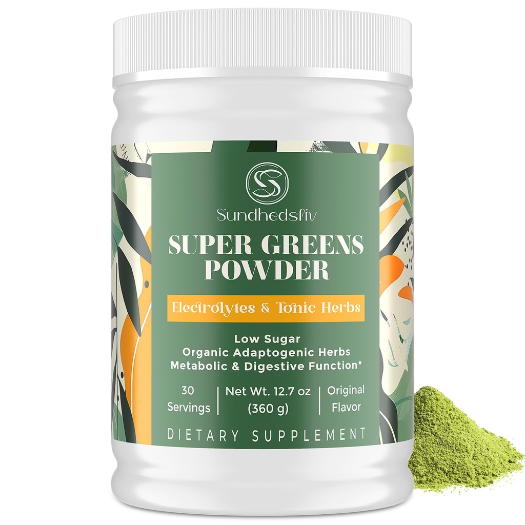 Super Greens Powder Superfood + Electrolytes & Tonic Urter ® Organic Greens, Shilajit, Adaptogens, Antioksidanter, Preobiotic & Probiotic & Postbiotic® for energi, Gut & Immune® Unflavored - 30 Serveringer