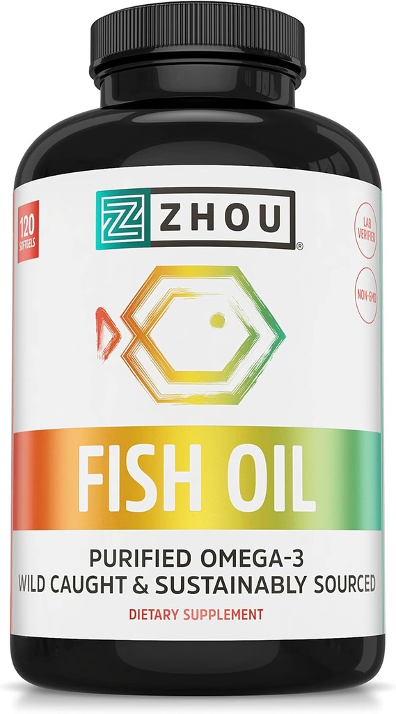 Zhou Fish Oil - Fish Oil Supplement for kvinner og menn, Omega 3 Fettsyre, naturlig kilde til DHA & EPA for voksne, Burpless, ren, hjerte og felles helse - 120 Softgels