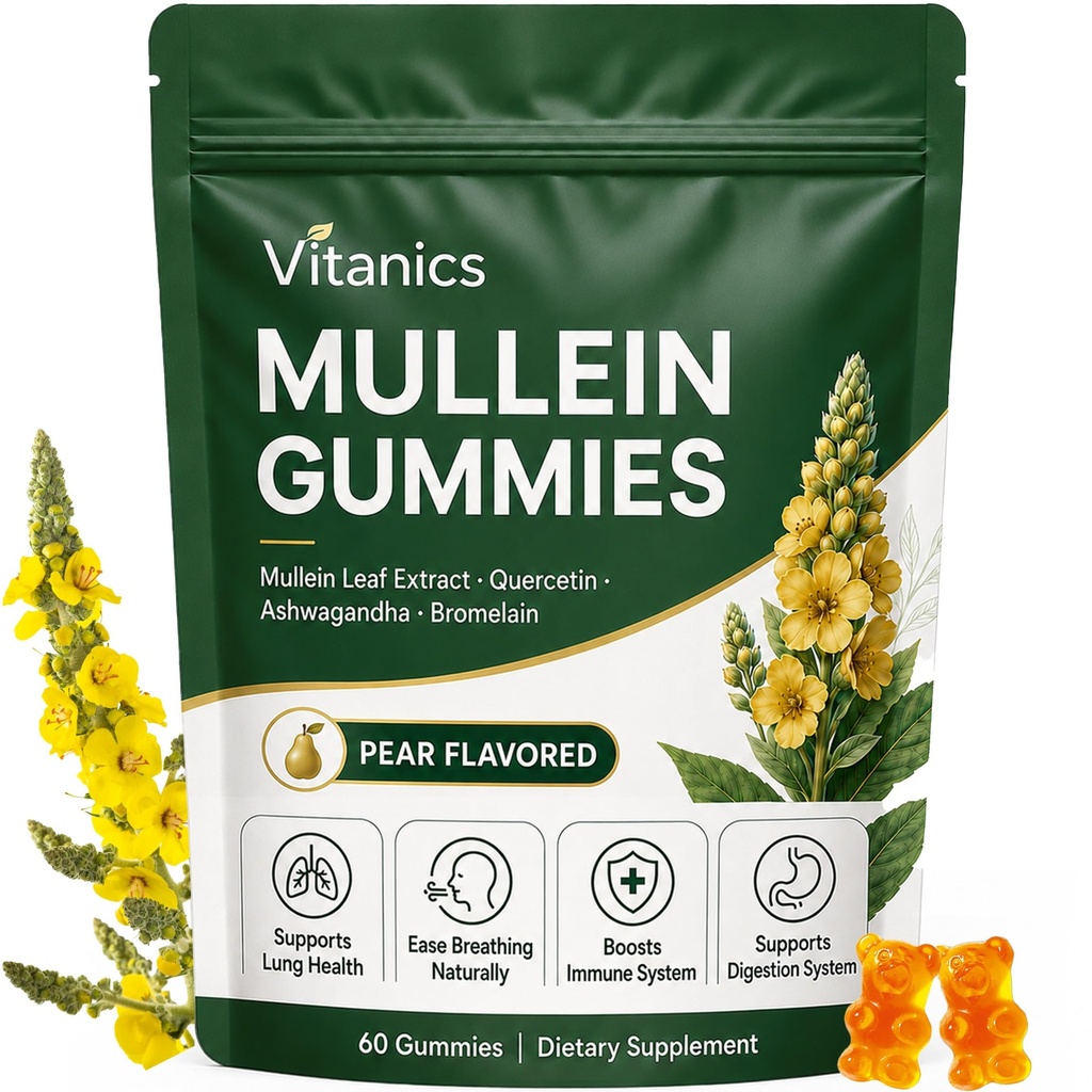 Mullein Gummies, Daily Respiratory Helse Gummies, 1000mg Mullein Leaf urt ekstrakt, Pear Flavor, Lunge Helse & Sinus Relief (30 dagers forsyning)