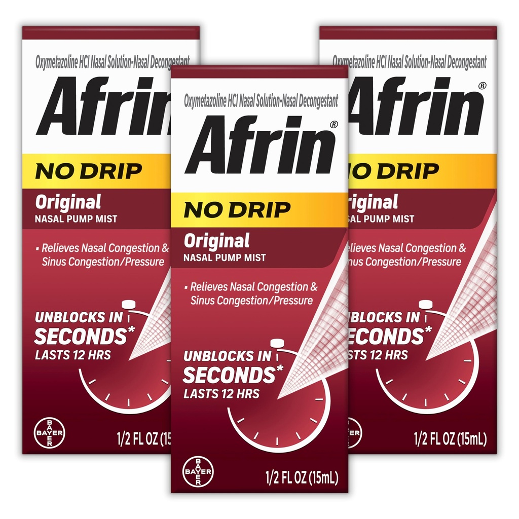 AFRIN Ingen Drip Original Nasal Mist Triple Pack, Ikke-Drowsy, Fast-Active Decongestant for Nasal Congestion og Sinus Pressure Relief, voksne og barn 6 og eldre, .5 fl oz (Pack of 3)