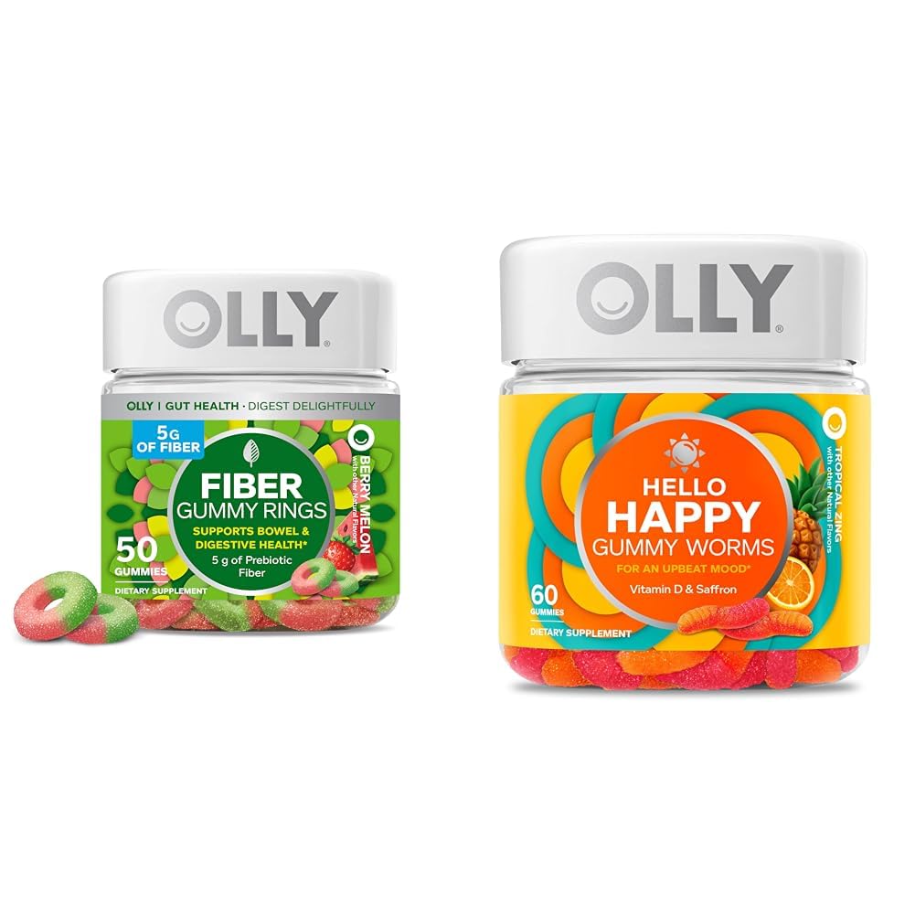 OLLY Fiber Gummy Ringer, 5g Prebiotiske Fiber, FOS (Fruckto-oligosaccharider), Digestiv støtte & Hello Happy Gummy Ormer, Mood Balance Support, Vitamin D, Saffron, Voksen Chewable Supplement