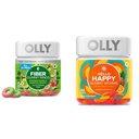 OLLY Fiber Gummy Ringer, 5g Prebiotiske Fiber, FOS (Fruckto-oligosaccharider), Digestiv støtte & Hello Happy Gummy Ormer, Mood Balance Support, Vitamin D, Saffron, Voksen Chewable Supplement