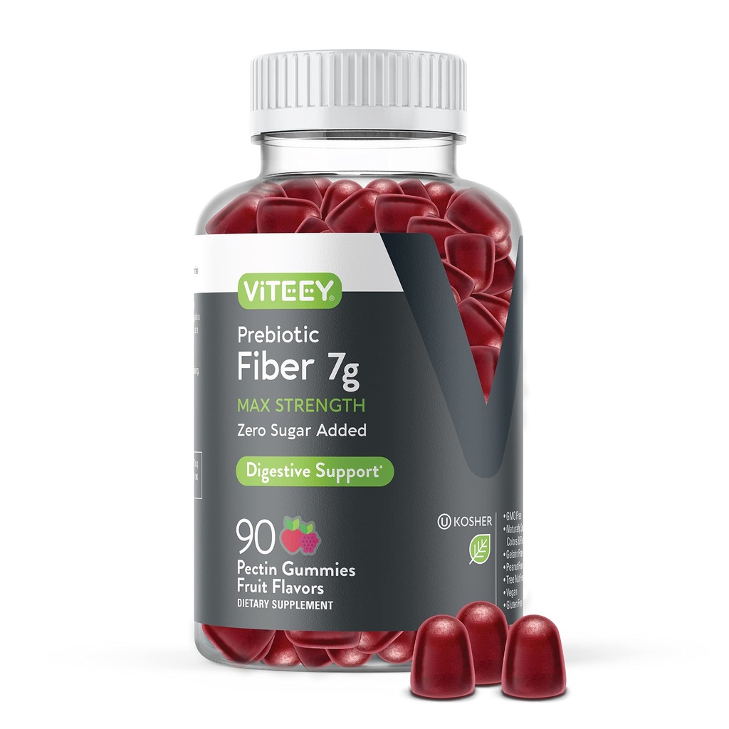 Viteey Prebiotic Fiber Gummies for voksne, 7g - Gut Helse & Digestive Fiber Supplement Gummies - Null sukker tilsatt, Vegan, Glutenfri - 90 greve
