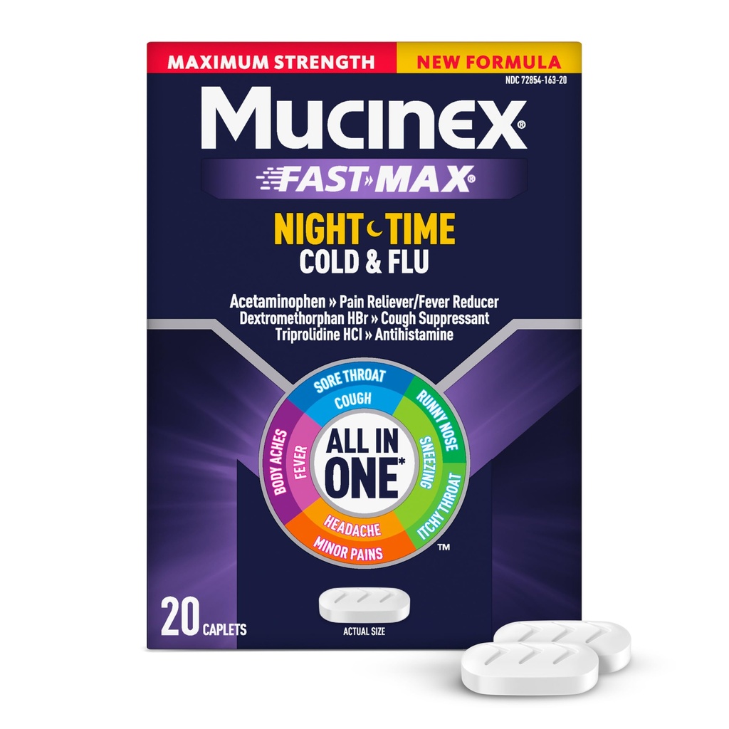 Mucinex Nightshift Cold & Flue, Maksimum styrke kraftig multi-Simptom Nighttime Relief, 20 raske release caplets - smertefri/fever Reduser, Cough Suppressant, Antihistamin