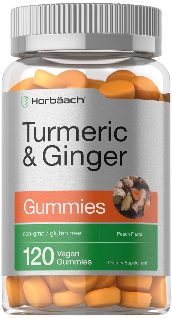 Horbäach Turmeric og Ginger Gummies | 120 greve | Peach Flavor | Vegansk ikke-GMO & Glutenfri Supplement