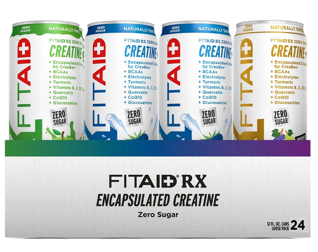 FITAID RX null sukker, innkapslet kreatin, treningsgjenvinningsdrikk, all-in-One blanding, BCAA, Glukosamin, Turmerisk, B-Complex, Electrolytes, Variety Pack, 12 Fl Oz (pakke på 24)