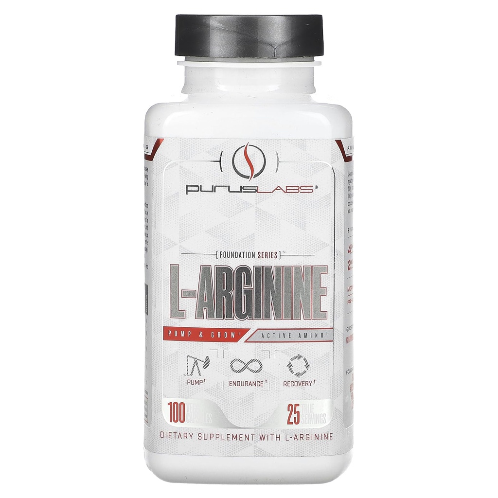 Purus Labs L-Arginin Active Aminosyre | Utholdenhet, pumper, og muskelvekst | Nitric Oxid for økt blodflyt | 25 serveringer, 100 Veggie kapsler