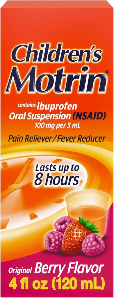 Barns Motrin oral suspensjon medisin, 100 mg ibuprofen, Kids Feber Reduser & Smerte Reliever for mindre smerter og smerter på grunn av kald & influensa, alkoholfri, berry flavored, 4 fl oz