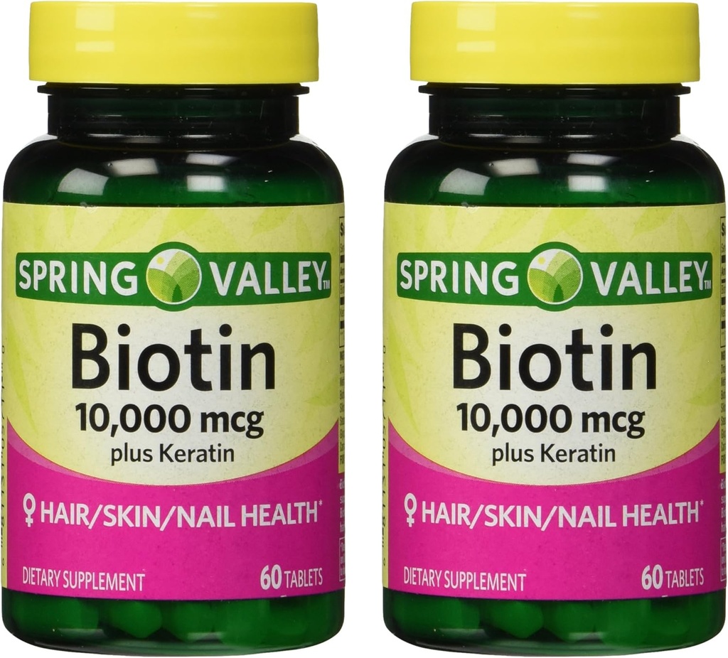 Spring Valley 10000mcg Biotin med 100 mg keratin kosttilskudd, 60 greve (pakke på 2)