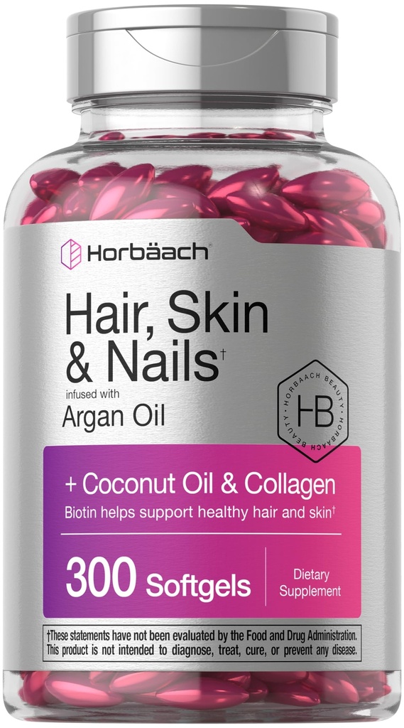 Horbäach Håret og neglene Vitaminer | 300 Softgels | med Biotin og kollagen | Infundert med Argan olje og kokosolje | Ikke-GMO, Glutenfri Supplement