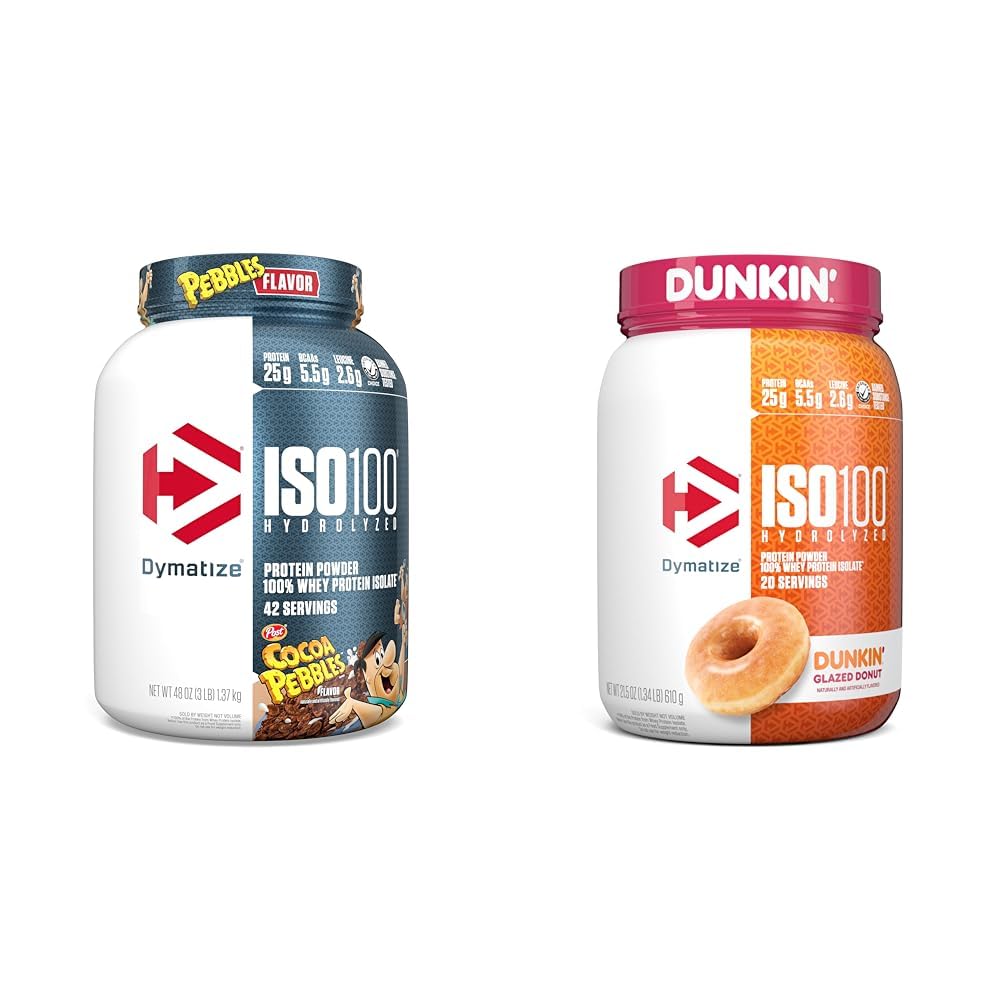 Dymatisere ISO100 Hydrolysert Proteinpulver, 100% Whey Isolat, 25 g protein, 5,5 g BCAA & ISO100 Hydrolysert Proteinpulver, 100% Whey Isolat, Dunkin' Glazed Donut Flavor