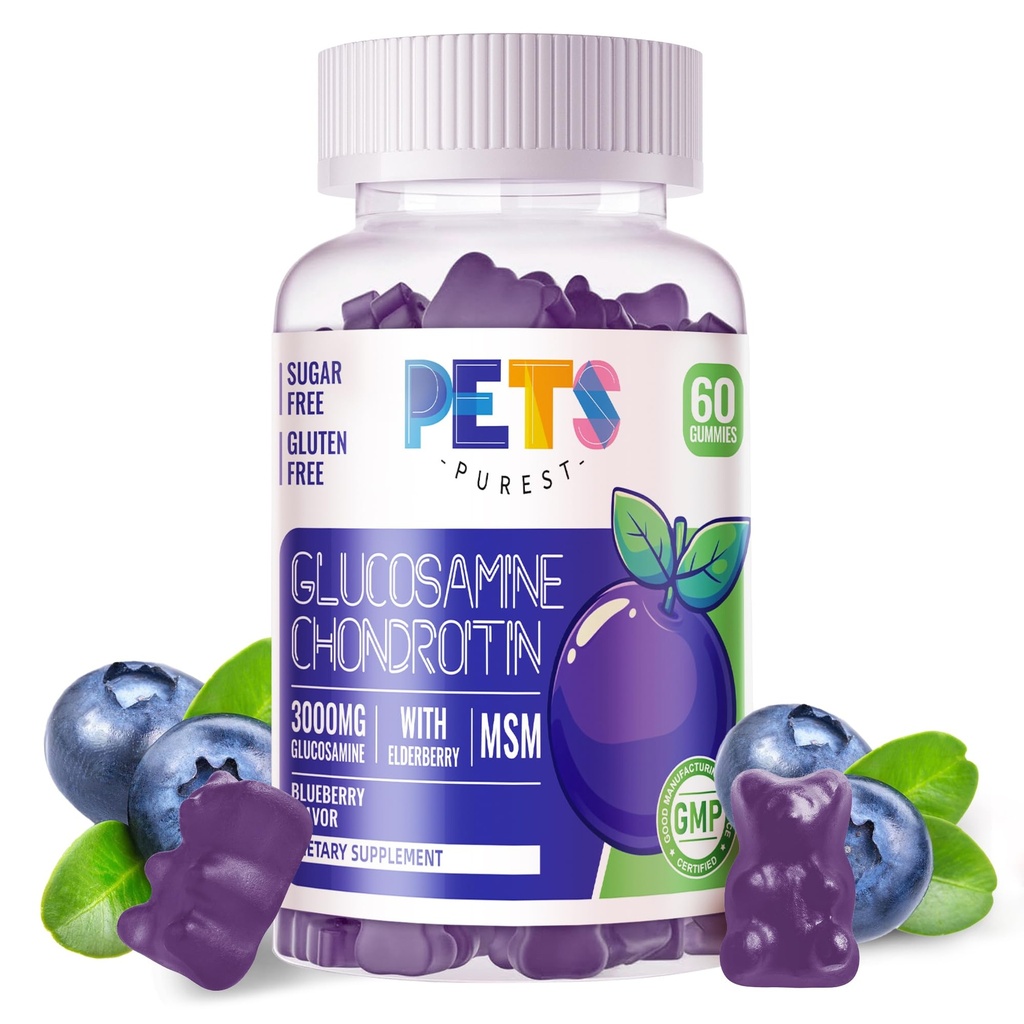 Kjæledyr Purest Glucosamine Chondroitin Gummies med MSM & Elderberry ekstra styrke - Felles støtte, antioksidant immunstøtte Supplement for voksne, menn og kvinner.60 Blåbær Gummies