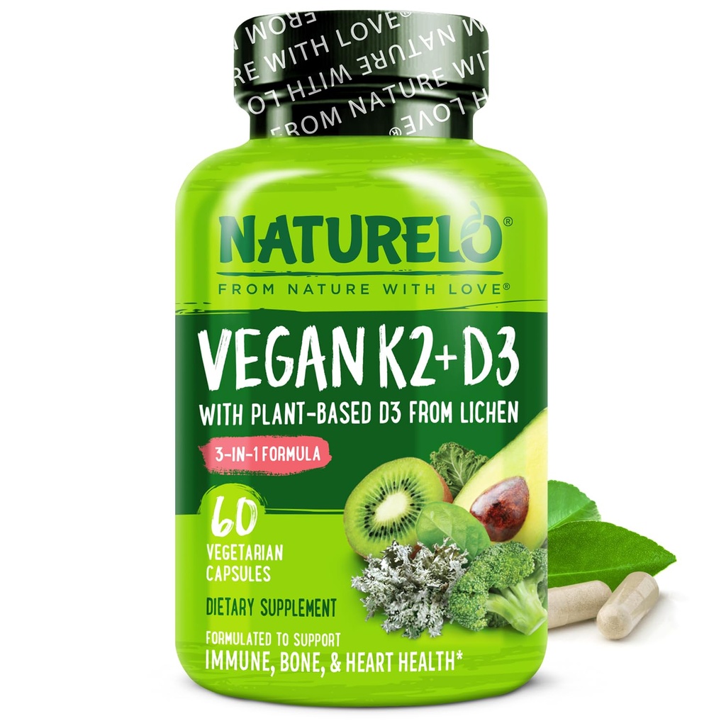 NATURELO vitamin D3 K2 - Vegansk med plantebasert D3 fra Lichen - Naturlig kosttilskudd for immunsystem, bein støtte, hjertehelse - hel mat - ikke-GMO - Glutenfri, 60 kapsler