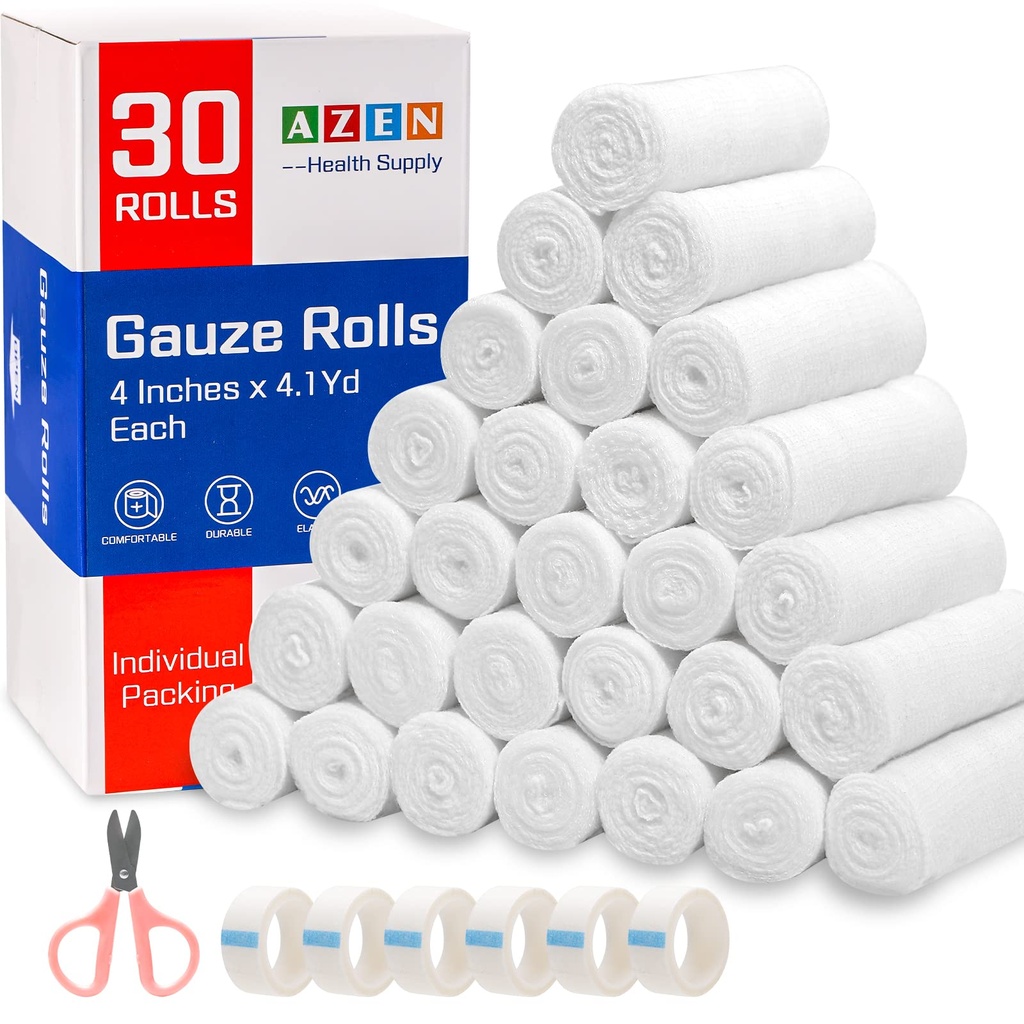 AZEN 30 Pack Gauze Rolls Bandages, 4 i x 4.1 Yards, Premium medisinske forsyninger og førstehjelpsforsyninger, Bandage Wrap Vet Wrap, mamma Wraps