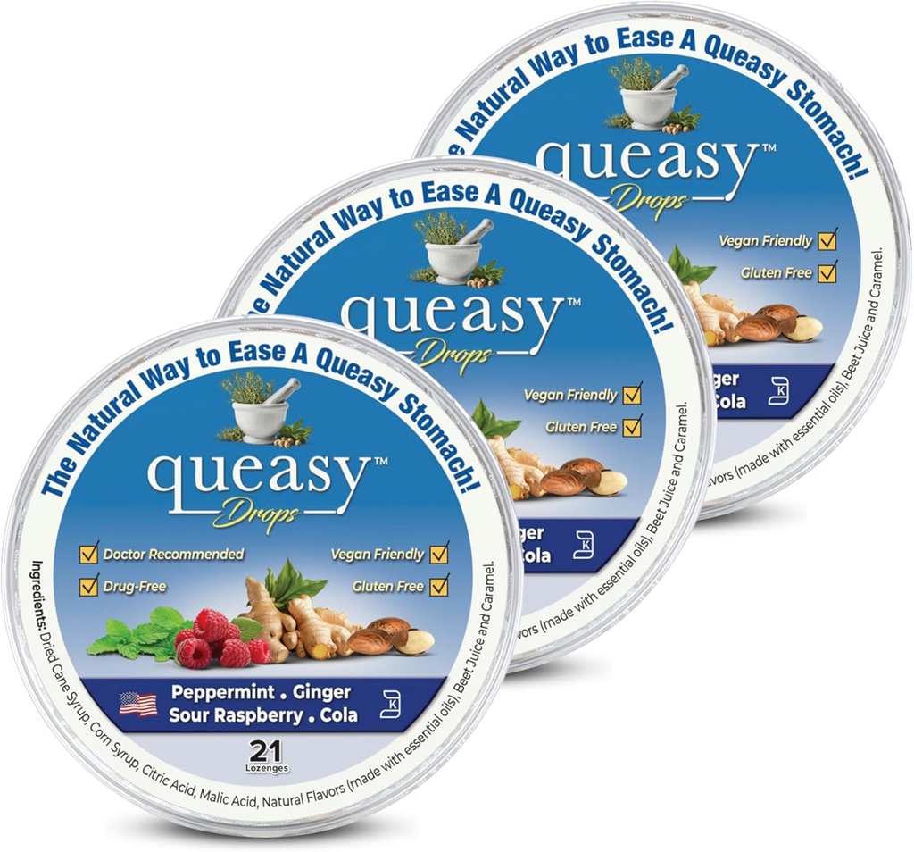 Tre Lollies Queasy Drops - Relief fra tristhet og reise syke - lindrer en tørr munn og setler magen - naturlige ingredienser - 4 Flavors - 21ct (pakke av 3)