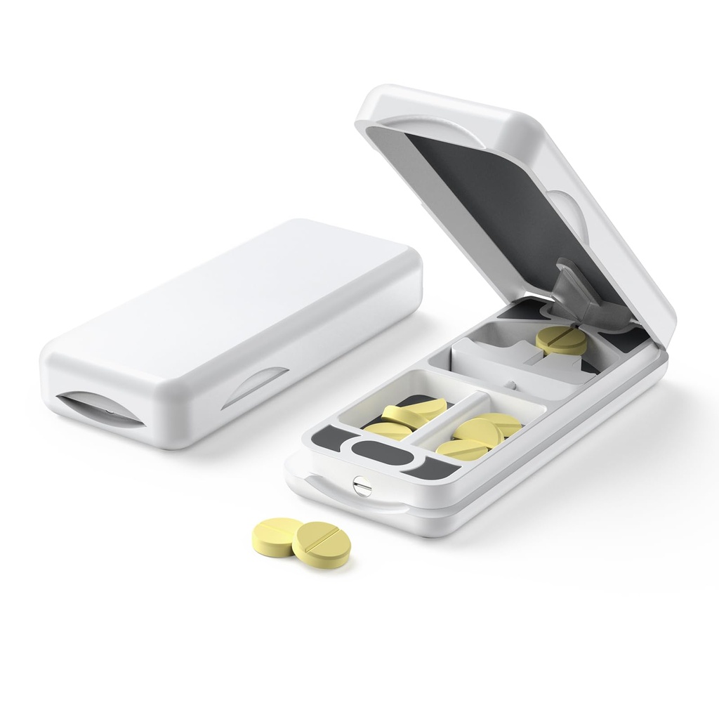 Pill Cutter med automatisk senterering enhet, aluminium piller splitter med 316L rustfritt Blade, ekte skinn saken, profesjonell piller splitter for å skjære små piller eller store piller (plastisk, hvit)