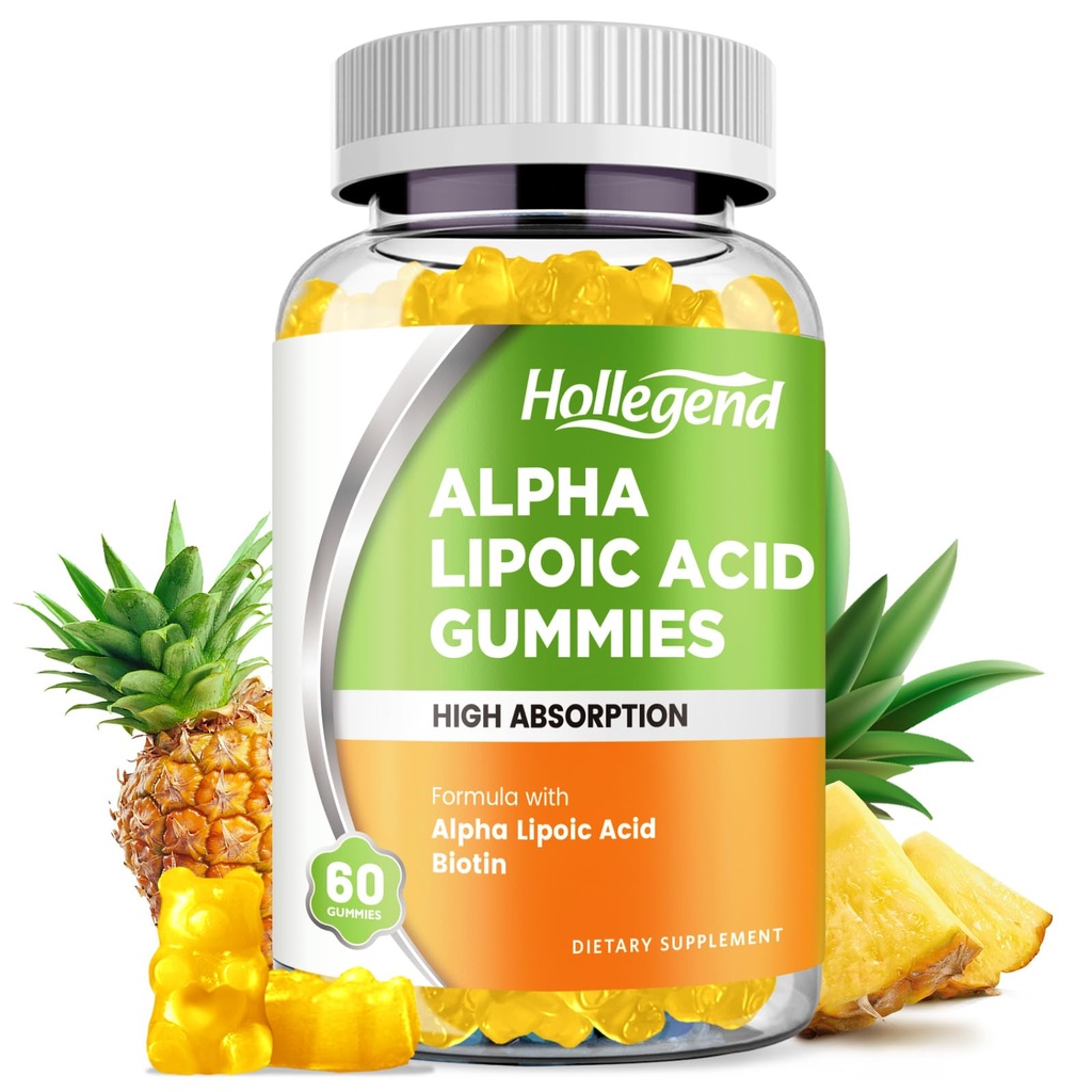 Alpha Lipoic Acid Gummies 1000Mg med biotin, høy absorpsjon Chewable ALA Supplement for antioksidant, hjerne helse og nerve støtte, Pineapple Flavor, sukkerfri, 60 Chews