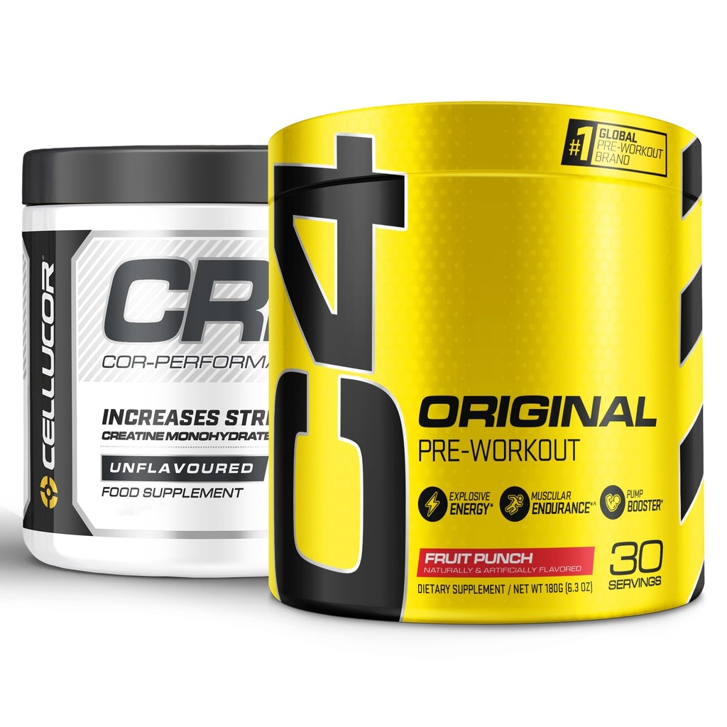 Cellucor Pre Workout & Creatine Bundle, C4 Original Pre Workout pulver, fruktpunch, 30 serveringer + Cor Performance Creatine pulver, 72 serveringer