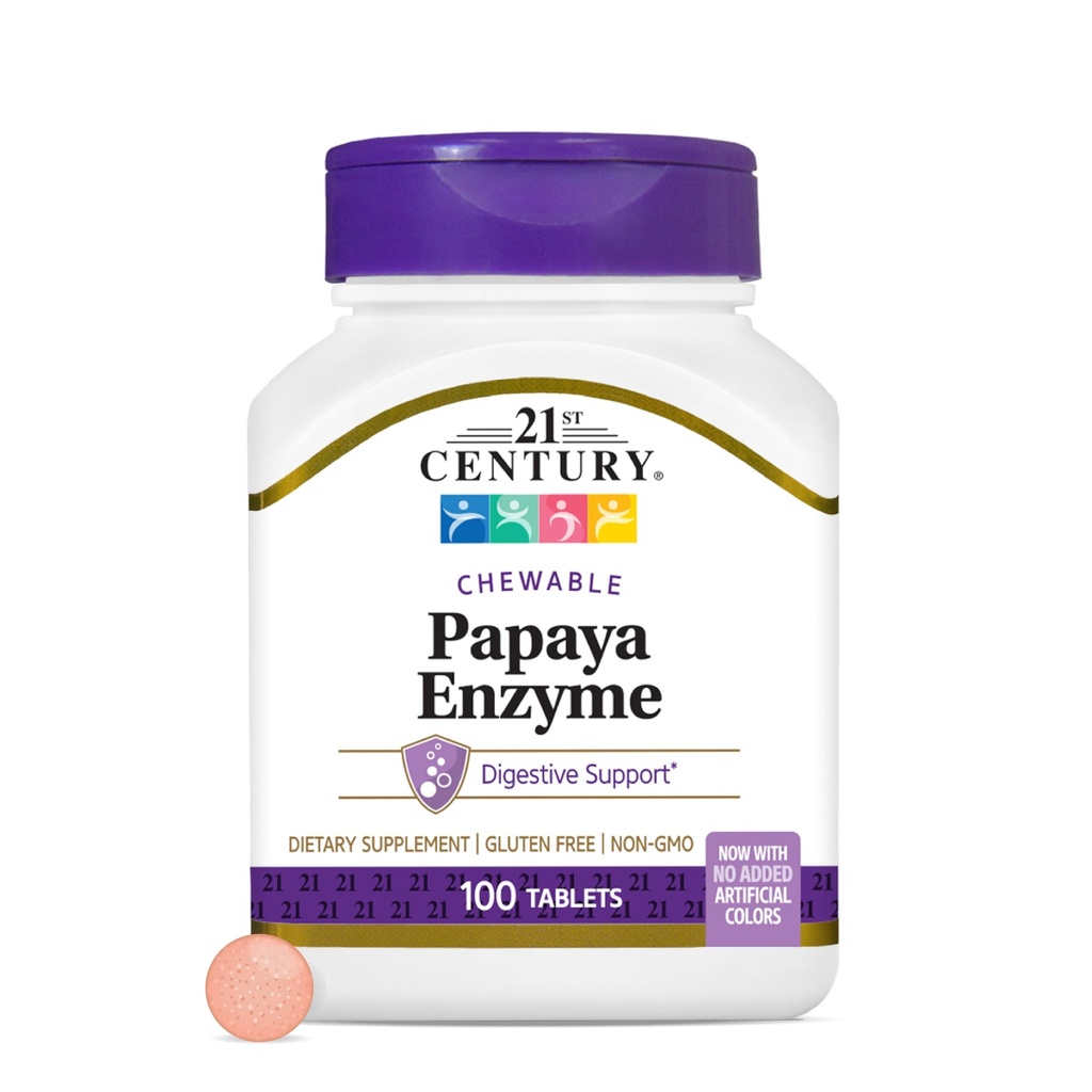 21st Century Papaya Enzyme Chewable (100 greve), Papaya & Pineapple Digestive Enzymer for Gut Helse, Tropisk Flavor, Ikke-GMO, Glutenfri, Ingen lagt til salt, Kunstig Flavors