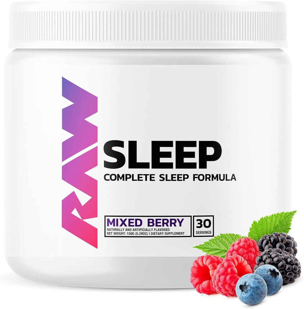 RAW Natural Sleep Aid Supplement - Relaxation Enhancementer & Mood Support with Melatonin, Magnesium, Sink, L-Tryptophan & Lemon Balm Extract to Relax & Calm The Mind & Body - 30 Services, Blandet Berry